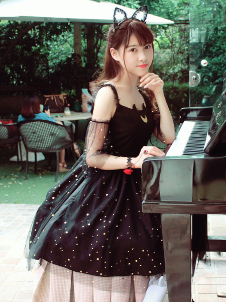 Milanoo Sweet Lolita JSK Dress Black Polyester Sleeveless Ruffle Daily Casual Lolita Jumper Skirts