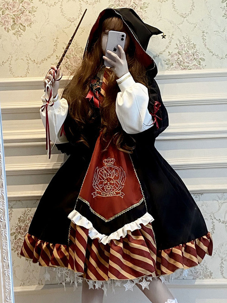 Milanoo Academic Lolita OP Dress 2-Piece Set Black Lace Up Long Sleeve Lolita One Piece Dresses Cloa
