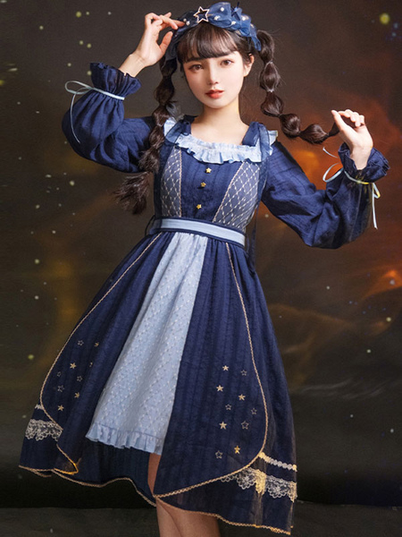 Milanoo Sweet Lolita OP Dress Blue Polyester Long Sleeves Ruffles Dazzling Lolita One Piece Dresses