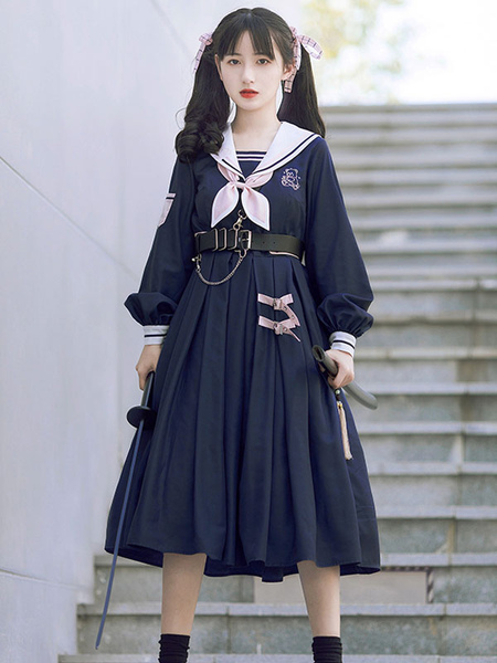 Milanoo Academic Lolita OP Dress Navy Blue Collar Long Sleeves Polyester Uniformly Lolita One Piece
