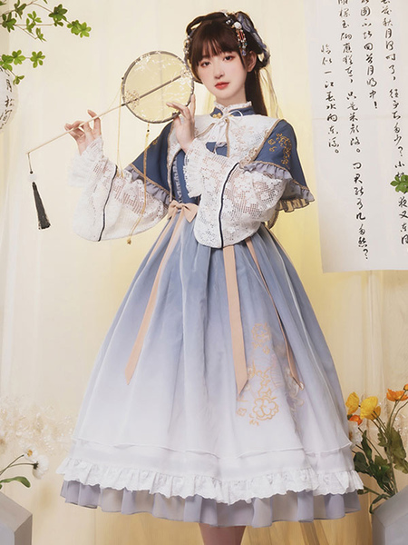Milanoo Chinese Style Lolita OP Dress Blue Polyester Long Sleeves Bowknots Ruffles Daily Casual Loli