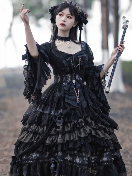 Milanoo Gothic Lolita OP Dress Black Long Sleeve Polyester Tea Party Witch Lace Lolita One Piece Dre