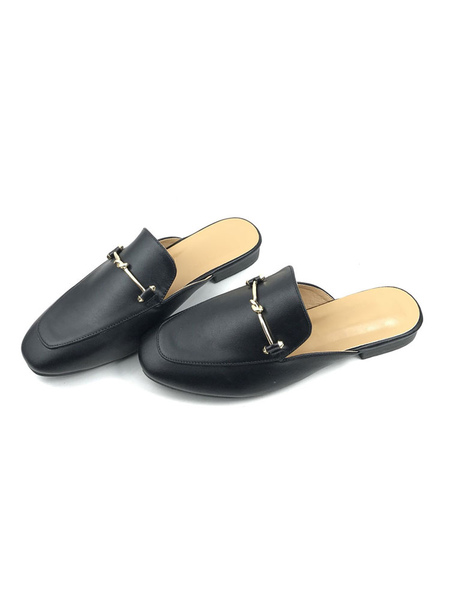 Milanoo Womens Mules Black PU Leather Square Toe Slip-On Daily Casual Flat Shoes