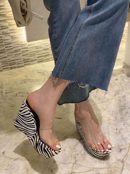 Milanoo Womens Heel Mules White Zebra Pattern Transparent PC Upper Casual Wedge Heel Slipper