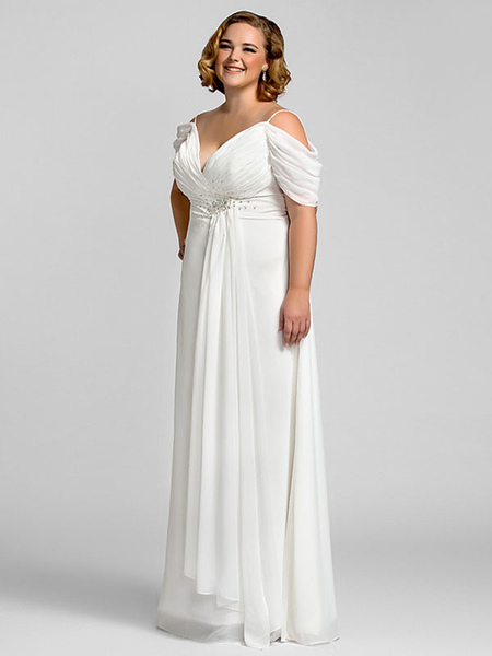 Milanoo Weiß Einfache Hochzeitskleid A-Line V-Ausschnitt Off-Shoulder Natürliche Taille Plissee Chif