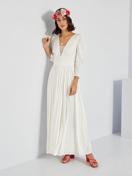 Milanoo Ivory Simple Wedding Dress A-Line V-Neck Long Sleeves Pleated Floor-Length Chiffon Bridal Dr