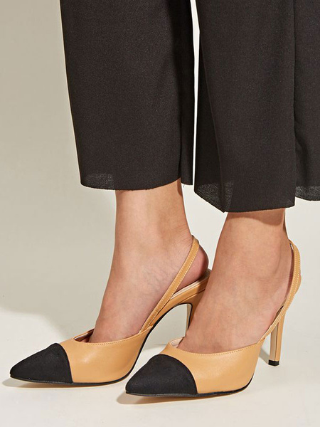 Milanoo Womens Apricot Black Slingback Heels Pointed Toe Stiletto Heel Pumps