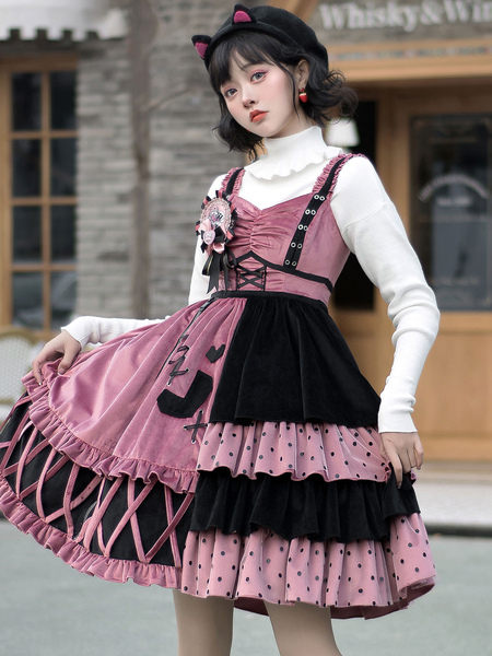 Image of Sweet Lolita JSK Dress Abiti Anguria Red Polyester senza maniche a pois Polka Dot Tiered Lolita Jumper Gonne