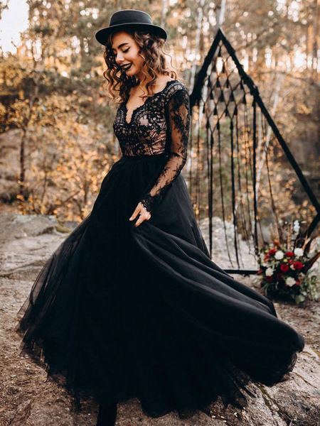 Milanoo Black Wedding Dresses A-Line Designed Neckline Long Sleeves Natural Waistline Tulle Lace Swe