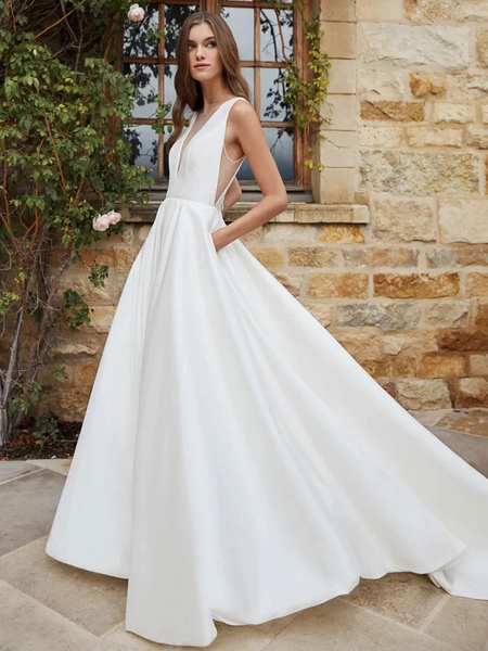 Milanoo White Simple Wedding Dress A-Line With Train V-Neck Sleeveless Pockets Satin Fabric Bridal G