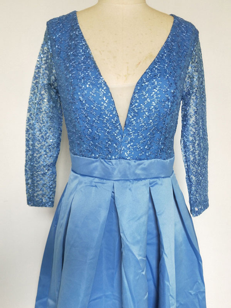 Party Dresses Light Sky Blue V-Neck Split Front 3/4 Length Sleeves Layered Semi Formal Dress