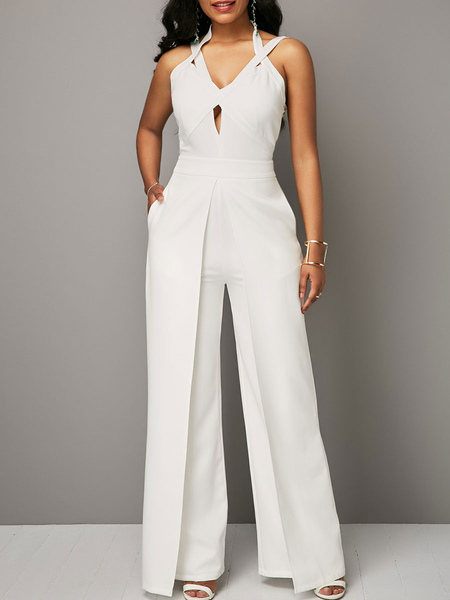 Milanoo White Jumpsuit V-Neck Backless Polyester Straight Summer One Piece Outfit