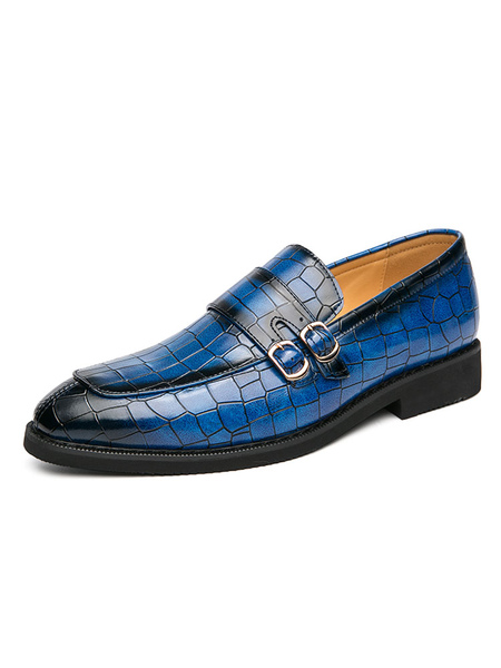Milanoo Mens Blue Monk Strap Loafer Shoes Slip-On Dress Shoes