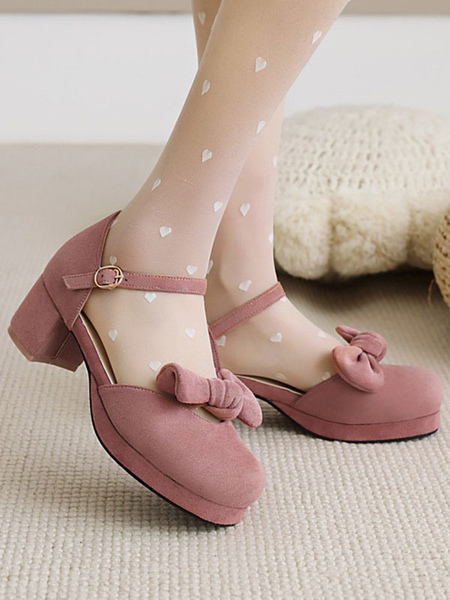 Milanoo Sweet Lolita Sandals Bows Round Toe Chunky Heel Monogram Suede Pink Lolita Summer Ankle Stra