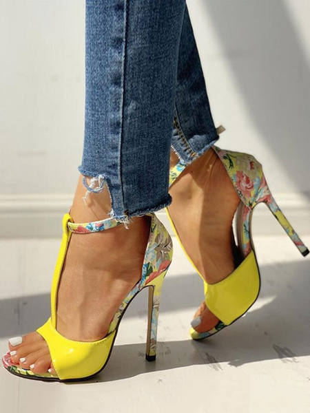 Milanoo Womens Yellow T-Strap Heels Floral Print Stiletto Heel Sandals