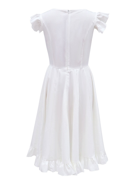 Women Party Dresses White Jewel Neck Polyester Knee Length Formal Dress