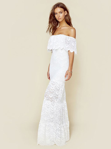 Womens White Maxi Dresses Strapless Summer Mermaid Lace Long Dress