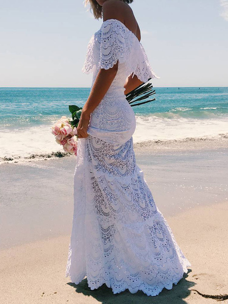 Womens White Maxi Dresses Strapless Summer Mermaid Lace Long Dress
