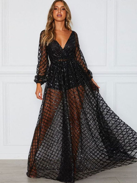 Black Party Dresses V-Neck Long Sleeves Backless Semi Floor Length Lace Formal Dress Pageant Dress