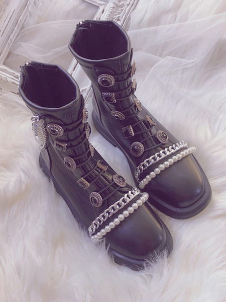 Milanoo Steampunk Lolita Boots Pearls Round Toe Flat Heel Faux Leather Black Lolita Footwear