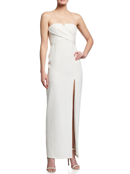 Milanoo White Evening Dress Sheath Strapless Ankle-Length Sleeveless Zipper Backless Pleated Split C