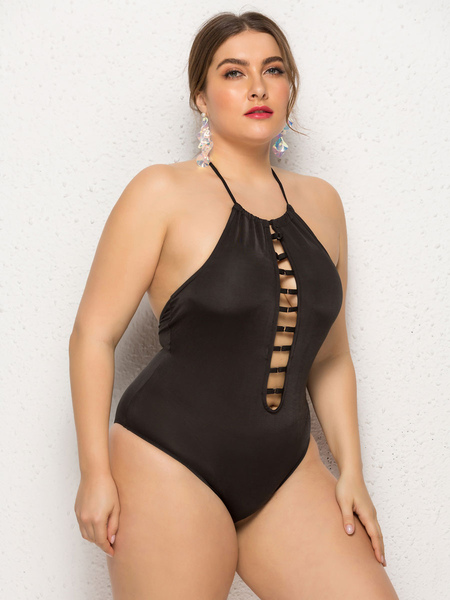 Milanoo Black Monokini Plus Size Cut-Outs Halter Strap Full Coverage Polyester Summer Beach Sexy Swi от Milanoo WW