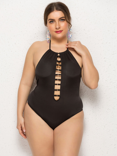 Milanoo Black Monokini Plus Size Cut-Outs Halter Strap Full Coverage Polyester Summer Beach Sexy Swi от Milanoo WW