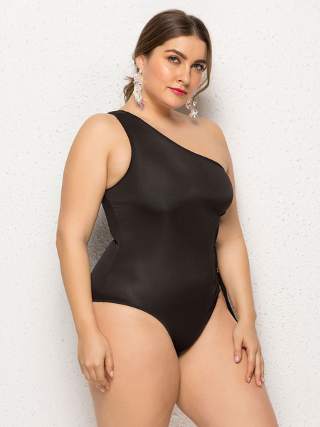 Milanoo Black Monokini Plus Size One Shoulder Cut-Outs Polyester Lace Up Sexy Beach Swimming Suit от Milanoo WW