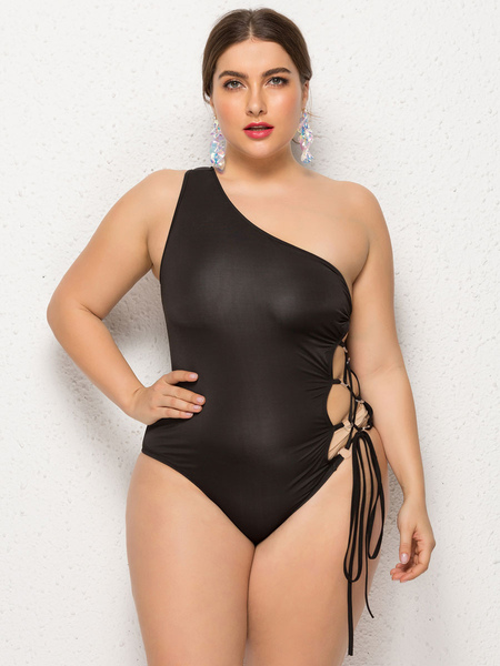 Milanoo Black Monokini Plus Size One Shoulder Cut-Outs Polyester Lace Up Sexy Beach Swimming Suit