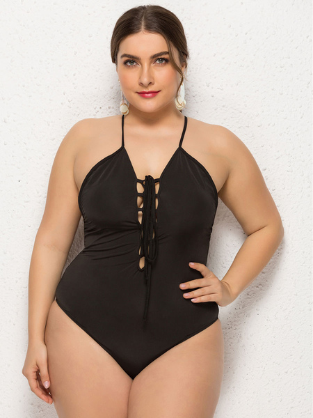 Milanoo Black Monokini Plus Size Lace Up Polyester Sexy Summer Beach Swimming Suit от Milanoo WW