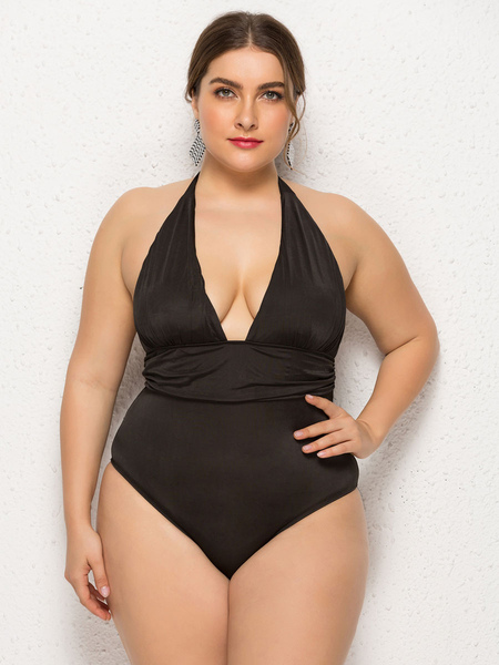 Milanoo Black Monokini Plus Size V-Neck Spaghetti Straps Polyester Sexy Swimming Suit от Milanoo WW
