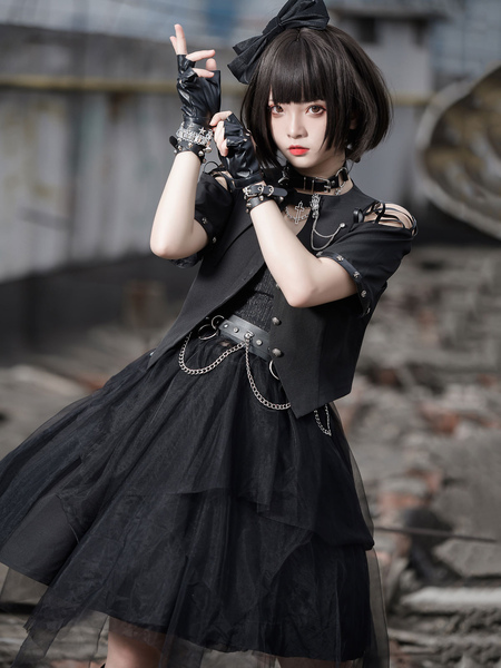 Milanoo Gothic Lolita 3-Piece Set Black Short Sleeves Overcoat Jumper Skirt Outfits