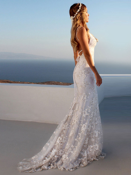Milanoo Sexy Mermaid Wedding Dress White V-Neck Backless Lace Bridal Dresses