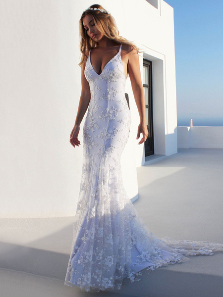 Milanoo Sexy Mermaid Wedding Dress White V-Neck Backless Lace Bridal Dresses