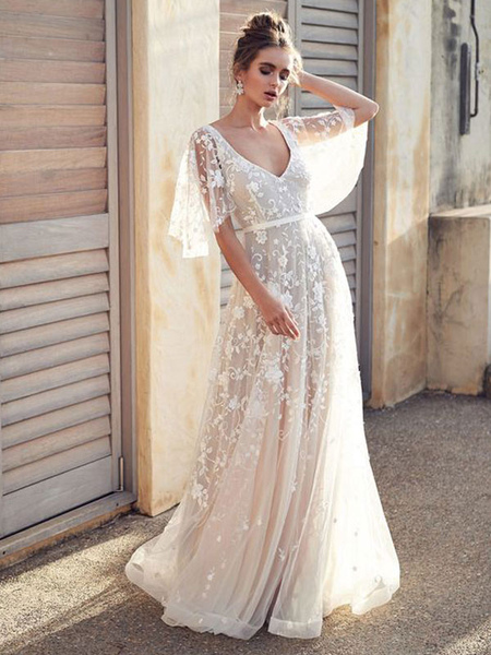 Milanoo White Lace Wedding Dress V Neck A-Line Wedding Dress Short Sleeves Backless Bridal Dresses