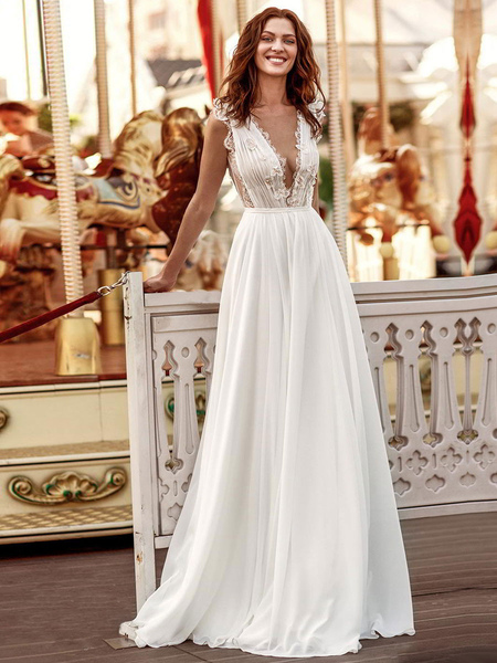 Milanoo White Simple Wedding Dress A-Line Court Train V-Neck Natural Waistline Sleeveless Chiffon La