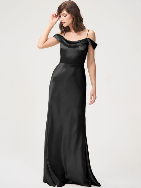Milanoo Black Evening Dress Sheath Bateau Neck Satin Fabric Floor-Length Pleated Floor-Length Formal