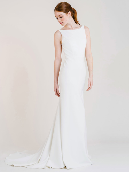 Milanoo White Simple Wedding Dress With Train Bateau Neck Sleeveless Backless Satin Fabric Mermaid B