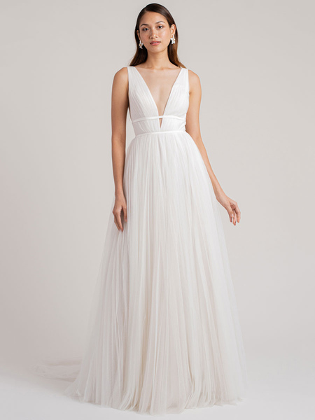 Milanoo White Simple Wedding Dress A-Line V-Neck Sleeveless Floor-Length Pleated Tulle Bridal Gowns