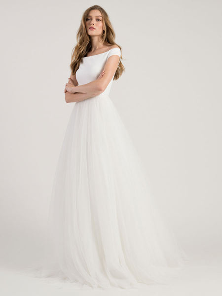 Milanoo White Simple Wedding Dress A-Line Bateau Neck Off-Shoulder Sleeveless Natural Waistline Plea