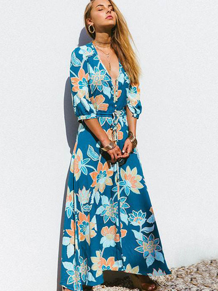 Milanoo Women Maxi Dresses Sky Blue Half Sleeves Printed V-neck Lace Up Polyester Casual Long Dress