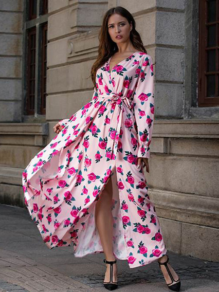 

Milanoo Women Pink Maxi Dresses Rose Pattern Long Sleeves Printed Jewel Neck Split Front Polyester
