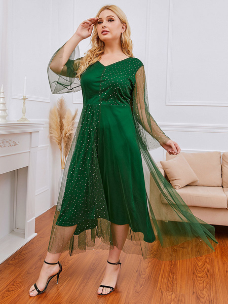 Milanoo Plus Size Maxi Dress V-neck Long Sleeve Sequins Polyester Green Long Dress от Milanoo WW