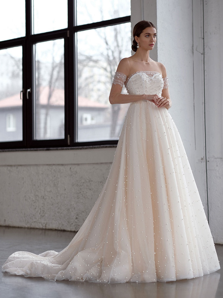 Milanoo White Wedding Dress A-Line Bridal Gowns Beaded Tulle Wedding Dress