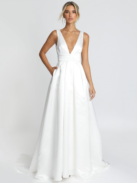 Milanoo White Simple Wedding Dress Satin Fabric V-Neck Sleeveless Backless A-Line Bridal Dresses