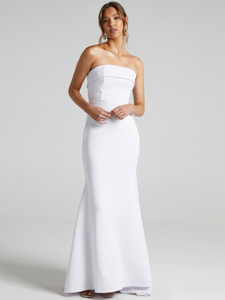 Milanoo White Simple Wedding Dress Mermaid Brush Train Zipper Strapless Polyester Bridal Gowns