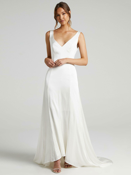 Milanoo White Simple Wedding Dress A-Line V-Neck Sleeveless Backless Chiffon Bridal Dresses