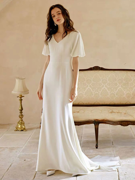 Milanoo Weiß Einfaches Hochzeitskleid mit Zug A-Linie Meerjungfrau V-Ausschnitt Kurze Ärmeln Polyest