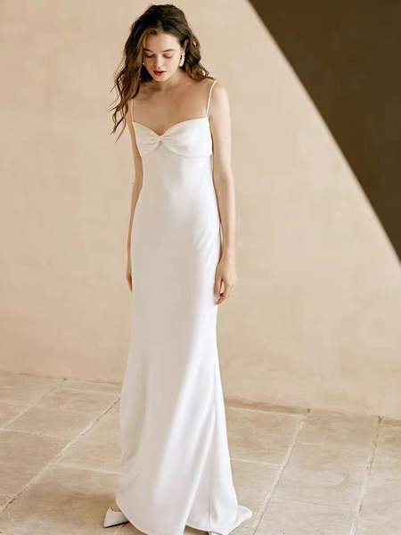 Milanoo White Simple Wedding Dress Polyester Designed Neckline Spaghetti Straps Bows Polyester Sheat