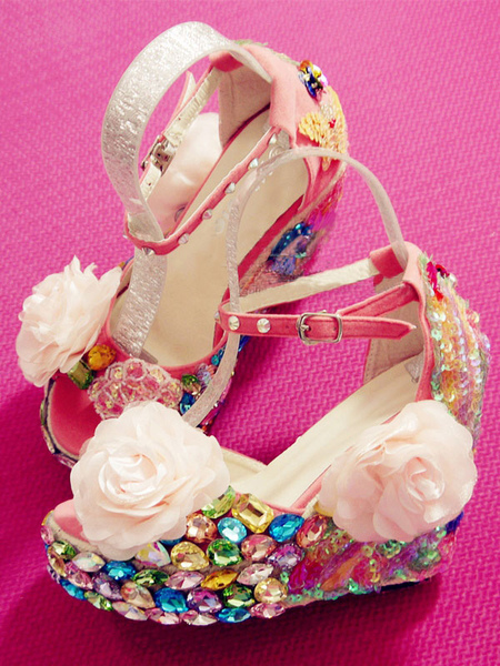 Milanoo Sweet Lolita Sandals Peep Toe Wedge Heel Flowers Lace Up Hot Pink Lolita Summer Shoes